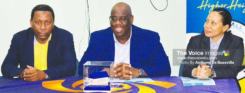 Image: Cooper (l-r) SLFA President - Lyndon Cooper, CONCACAF Programme Manager - Howard Mc Intosh and FIFA Development Coordinator - Malika Church at Tuesday press conference. (PHOTO: Anthony De Beauville)