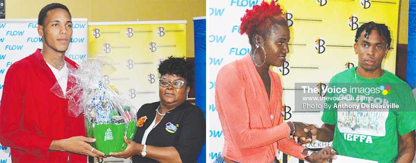 Image: (L-R) Daryl Francis (Laborie) scored three goals for his team is seen here receiving an award from Donna Charles; A member of the Blackheart team presenting Leon Alexander (VFS) with the award for Best Goalkeeper. (PHOTO: Anthony De Beauville)