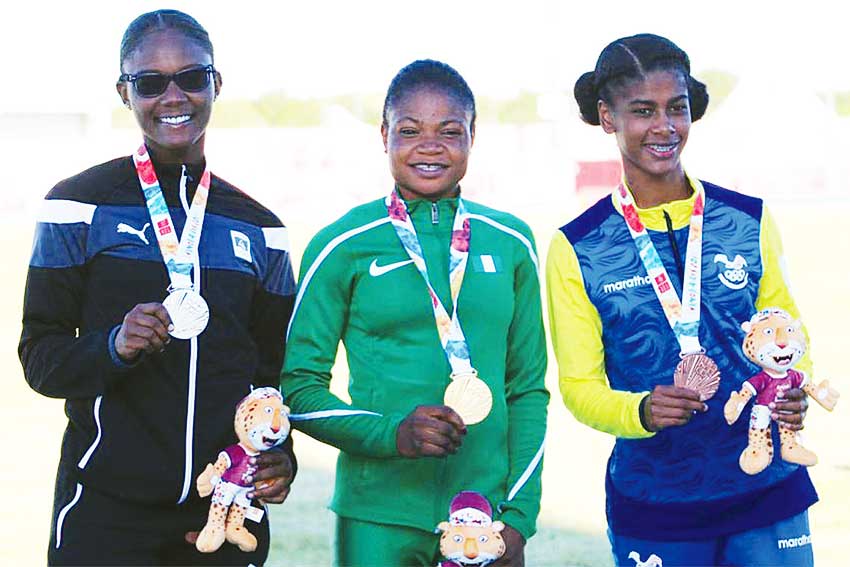 Image: (L-R) Julien Alfred (Saint Lucia), RosemaryChukuma (Nigeria) and Gabriela Anahi Suarez (Ecuador). (PHOTO: IAAF)