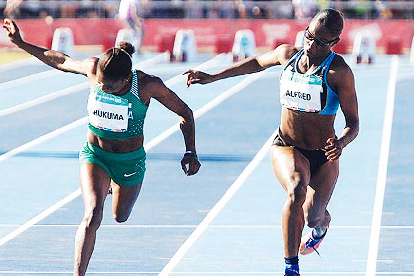 Image: (L-R) Youth Olympic Games Gold Medalist, Nigeria’s Rosemary Chukuma (11.17 seconds) and Silver Medalist Saint Lucia’s Julien’s (11.23 seconds) at the finish. (PHOTO: IAAF)
