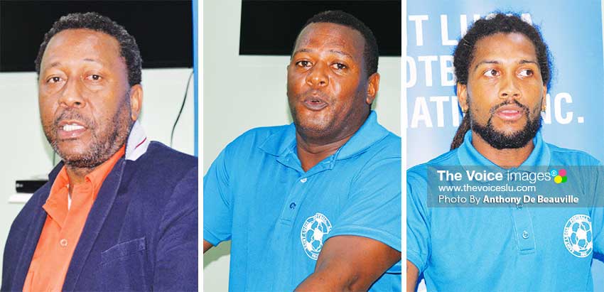 Image: (L-R) SLFA President, Lyndon Cooper, Head Coach – Francis Mc Donald and National Senior Team Captain – Zaine Pierre at Thursday’s press conference. (PHOTO: Anthony De Beauville).