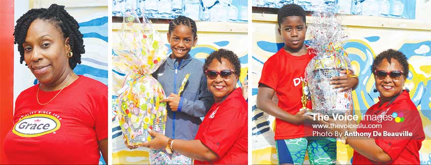 Image: (L-R) Sylvia Auberto, Brand Manager, Peter and Company Distributors, Managing Director, Grace Foods Limited, Angeline Gillings presenting the 8-9 high points winners - Fayth Jeffery (SFF) and Thaeden Antoine (Sharks) with their awards -trophy/humper. (PHOTO: Anthony De Beauville)