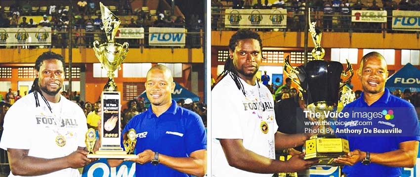 Image: (L-R) VFS captain Jamil Joseph receiving the championship trophy from FLOW representative Terry Finisterre. (PHOTO: Anthony De Beauville)