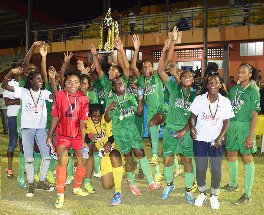 Image: Vieux Fort South Under-15 girls celebrate their SLFA championship victory under Jeffa’s watch (Photo: VFS/Anthony De Beauville)