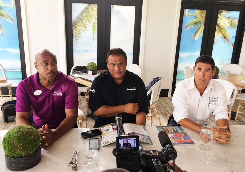 Image: Sandals’ Barbados record was spelt out in full during a recent press conference in Bridgetown following a press tour of the group’s two properties there. The Sandals team that met reporters included: Sandals Regional PR Manager Sunil Ramdeen (center) flanked by Regional Senior Project Manager Mark Harding (right) and Sandals Barbados Manager David Hinds.