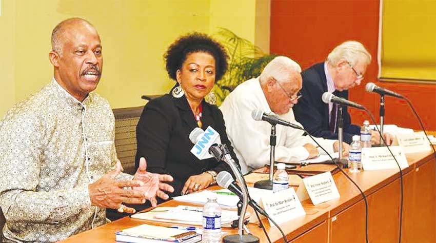 Image From left: Chairman of the CARICOM Reparations Commission (CRC) Sir Hilary Beckles; Director of the Center for Reparations Research at the UWI Professor Verene Shepherd; Jamaica’s Minister of Transportation and Works Michael Henry and Lord Anthony Gifford, member of the Jamaica Reparations Committee.
