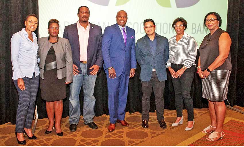 Image: 1st National MD Johnathan Johannes (3rd from left) with other members of the new CAB BoD following their election in The Bahamas at the recent 45th CAB AGM. Also in photo (from left to right) are: Joanna Charles, Wendy Delmar, Dalton Lee, Brian Woo, Moya Leiba-Barnes and Evelyn Wayne. (PHOTO Courtesy: CAB)
