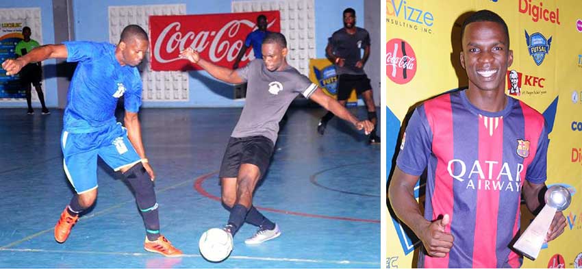 Image: (L-R) some of the action between the Ministry of Infrastructure and Saint Lucia Teachers Credit Cooperative; Ferguson St.Clair (Sandals La Toc) captured the award for the player with the most goals in the tournament (22). (Photo: DP)