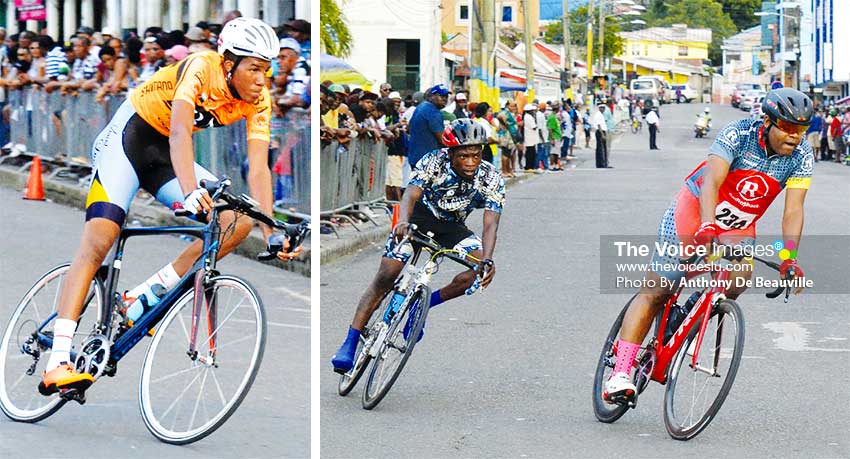 Image: (L-R) The eventual winner in the 15 lap event Klivert Mitchel made light work of the pack; Michael Jordan and Fidel Esnard. (PHOTO: Anthony De Beauville)