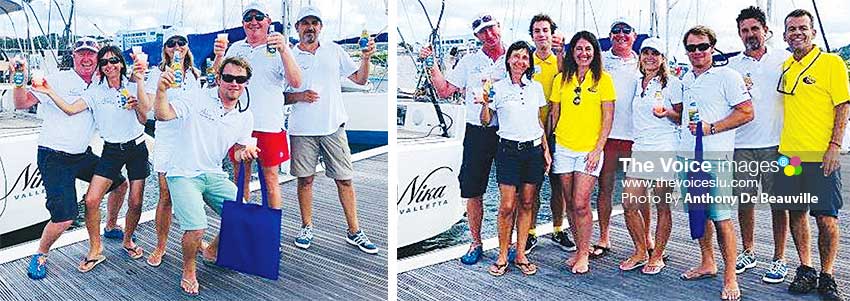 Image: Well deserved Piton/ rum punch for NIKA’s crew members; NIKA crew members with World Cruising staff on arrival. (PHOTO: Anthony De Beauville)