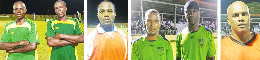 Image: (L-R) Goal scorers for the winning teams at the weekend Pilgrim James, Darrel Wiggins (Prophets and Kings), Wayne Theodore (Vieux Fort North), Leo James, Claudius Monnerville (All Blacks -Dennery) and Donald Thommy (Laborie). (PHOTO: Anthony De Beauville)