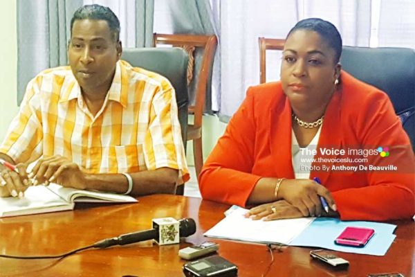 (L-R) Ministry of Youth Development and Sports Information Assistant Ryan O’Brian and Deputy Permanent Secretary Liota Charlemange-Mason at Thursday morning’s press conference. (PHOTO: Anthony De Beauville)