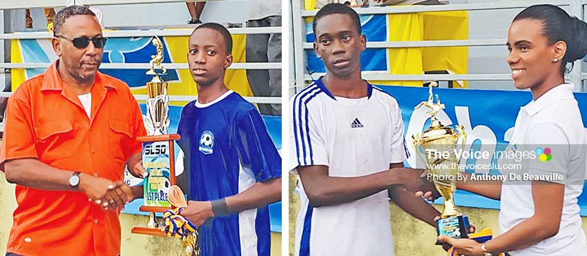 Image: (L-R) SLFA President Lyndon Cooper presenting championship trophy to Central Castries captain, Shaquan Nelson; Marchand captain receiving the runners’ up trophy from Anya Edwin, Operations Manager, Saint Lucia Sports Online. (PHOTO: Anthony De Beauville)