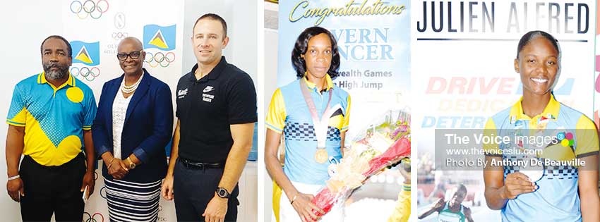 Image: (L-R) SLOC Inc General Secretary, Alfred Emmanuel, President – Fortuna Belrose and newly contracted SLOC Project Development Officer, Andy Behl at the press conference last week;  Commonwealth Games Gold Medallist 2018, Levern Spencer and Youth Olympic Games Silver Medallist 2018, Julien Alfred scored high on the international scene . (PHOTO: Anthony De Beauville)