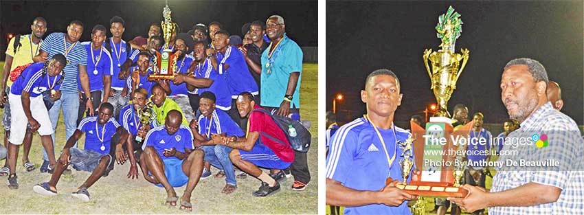 Image: (L-R) Saint Lucia representative team, Platinum; Platinum captain, Dwayne Charles receiving the 2018 championship trophy from SLFA President, Lyndon Cooper. (PHOTO: Anthony De Beauville)