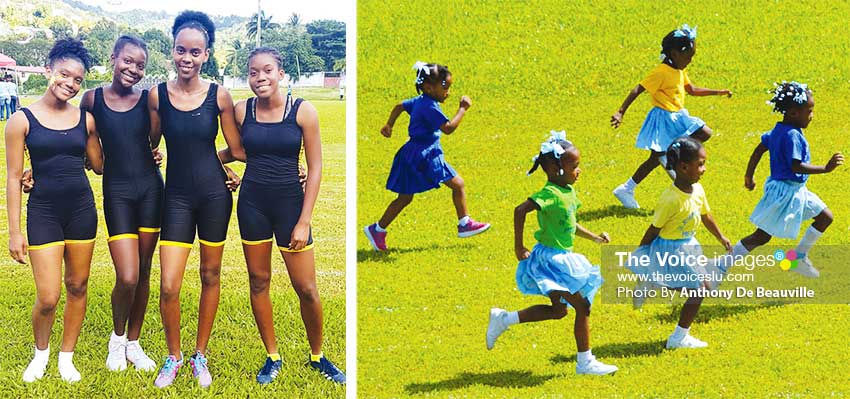 Image: (L-R) St. Theresa House quartet of Melanie Payne, Darnell Leon, LynelleDupal and Aviona Edmund winners of Division 2, 4x100 metres relay; SJC Pre Schoolers, future Olympians in the making certainly kept the officials busy . (PHOTO: Anthony De Beauville)