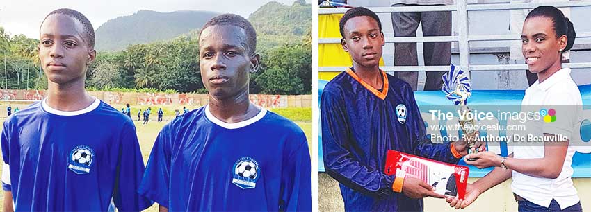 Image: (L-R) The two goal scorers, Shaquan Nelson and Keegan Caul; JanickJn Baptiste, Best goalkeeper JanickJn Baptiste receiving his award from Anya Edwin, Operations Manager, Saint Lucia Sports Online. (PHOTO: Anthony De Beauville)