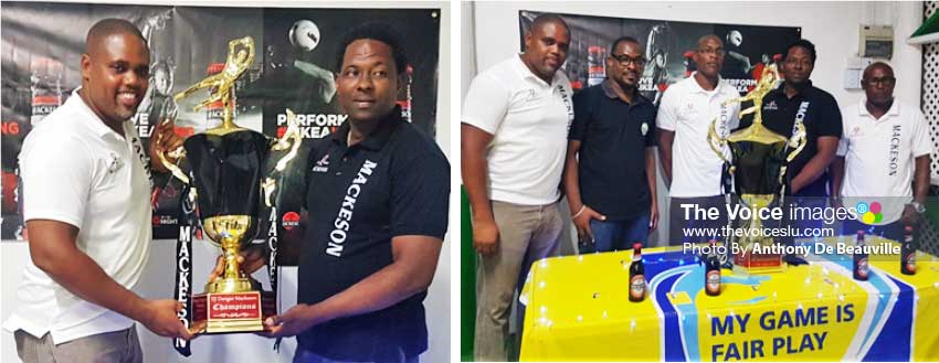 Image: (L-R) Mackeson Brand Manager, Ed Mathurin and Tournament Organizer, DJ Dongar Mc Donald; photo moment for the people behind the scene, Ed Mathurin, Kendal Emmanuel, James Prosper, DJ Dongar Mc Donald and Hendricks Constable. (Photo: Anthony De Beauville)