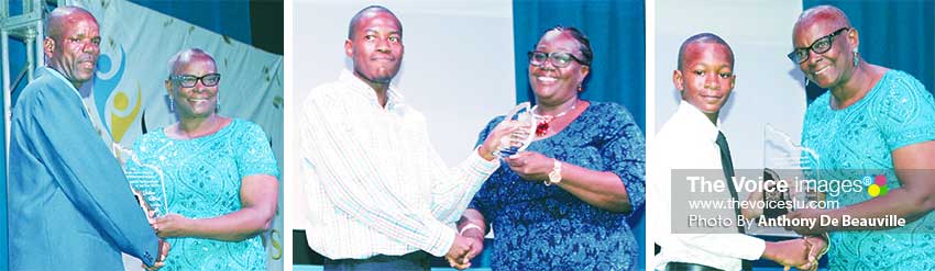 Image: (L-R) Julien Alfred coach/mentor, Cuthbert Modeste receiving on her behalf from SLOC President Fortuna Belrose, Special Olympian, Benvick Joseph receiving his award from Mary Wilfred and the youngest nominee D’ Andre Calderon (Table Tennis) receiving his award from SLOC President Fortuna Belrose. (PHOTO: Anthony De Beauville)