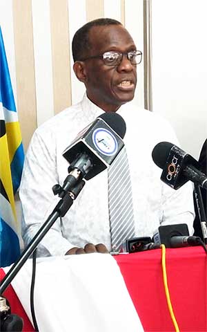 Image of Opposition Leader Phillip J Pierre at Wednesday’s Press Conference.