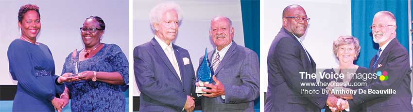 Image: (L-R) Tessa Louis (President Lightning Aquatic Swim Club) receiving the award for Club of the Year from Mary Wilfred; Governor General, Sir Neville Cenac presenting the Lifetime Award to Hollis Bristol and Sports Minister, Edmund Estaphane presenting Jane and Dunstan Du Boulay with the Minister’s Award. (PHOTO: Anthony De Beauville)