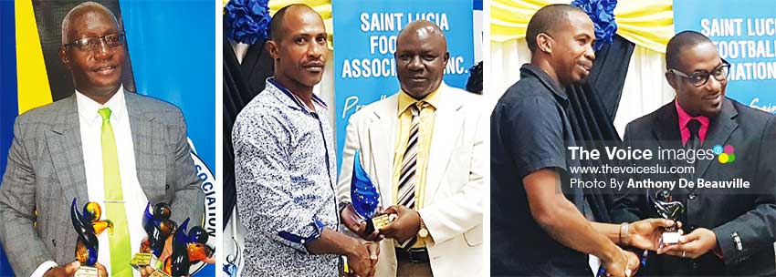 Image: (L-R) A handful of awards for Emmanuel Bellas, Andrew Phillip Referee of the Year receiving his awards and Sean Kerton receiving the Club of the Year award (VSADC). (PHOTO: Anthony De Beauville)