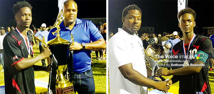 Image: (L-R) Captain of Piton Travel All Stars captain No.10 Kerim Gilbert receiving the DJ Dongar Mackeson championship trophies from Mackeson Bradn Manager, Ed Mathurin and Tournament organizer DJ Dongar Mc Donald. (PHOTO: Anthony De Beauville)