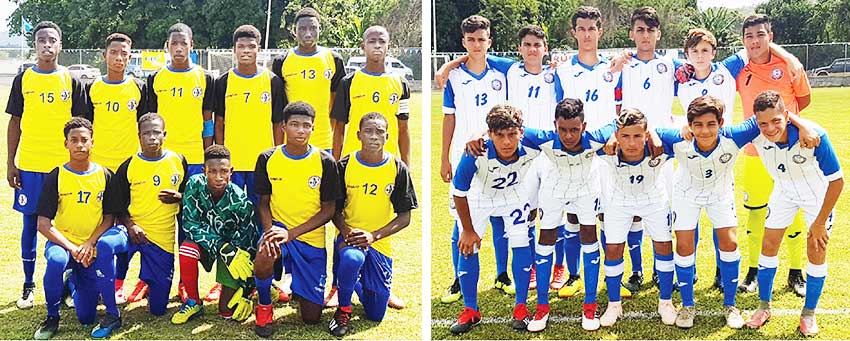 Image: (L-R) Saint Lucia and Puerto Rico National Under -15 teams starting eleven in Thursday International friendly at the Sab Sporting Facility. (Photo: Anthony De Beauville)