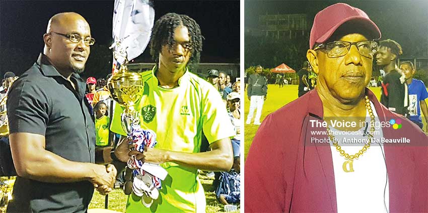 Image: (L-R) Parliamentary Representative for Dennery South, Shawn Edward presenting the third place trophy to Chesters FC captain; the winning coach, Camillus Mathurin (Piton Travel All Stars). (PHOTO: Anthony De Beauville)