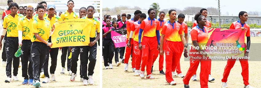 Image: (L-R) 2018 defending champions, Gerson Strikers; 2019 Cricket O Rama winners, Melius Challengers during the march past of teams on Saturday. (PHOTO: Anthony De Beauville)