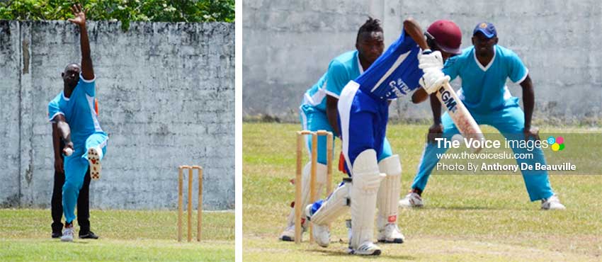 Image: (L-R) Fast bowler Margaran Shoulette (Mabouya Valley) picked up 3 for 28 versus Central Castries; AckeemAuguste (Central Castries) scored an entertaining 32 in quick time. (PHOTO: Anthony De Beauville)
