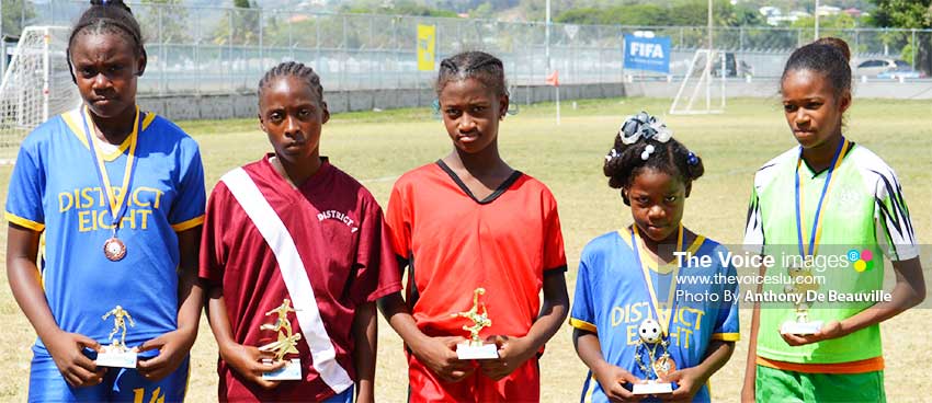 Image: (L-R) ) Top awardees, Best Defender: Mickege Francis; Golden Boots: Clowie Williams; Best Striker: Jerdel Emery; Best Midfielder: Amir Emmanuel; Best Goalkeeper: Nieasha Edward.(PHOTO: Anthony De Beauville)