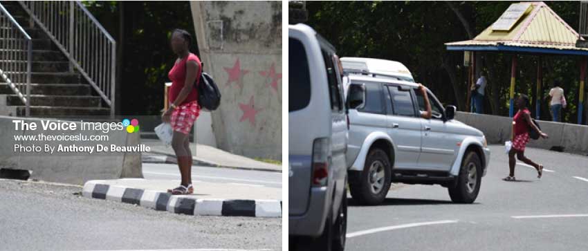 Image: (L-R) A female pedestrian waiting to cross the busy highway; Could Jaywalking charges be enacted in Saint Lucia soon? (PHOTO: Anthony De Beauville) 