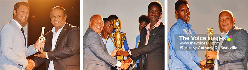 Image: (L-R) Daren Ganga receiving a token of appreciation from Sandals Public Relations Manager Sunil Ramdeen; Sandals Managing Director Winston Anderson presenting Kimani Melius (Gros Islet) with the championship trophy, and Lee Solomon (Gros Islet) with the MVP of the Tournament Award .(PHOTO: Anthony De Beauville)