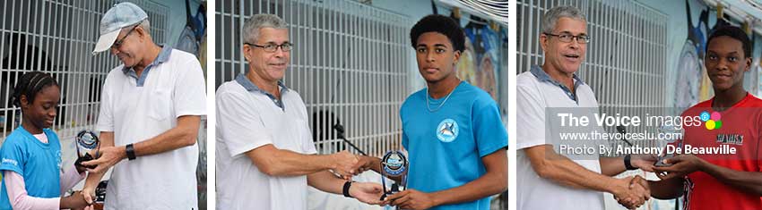 Image: (L-R) Karen Beaubrun award winners, Hannah Christopher (RR Aquatics), Rashawn Francis (Southern Flying Fish) and Alandre Cross (Sharks). (PHOTO: Anthony De Beauville) 