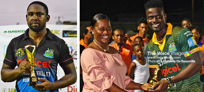 Image: (L-R) Man of the Match, third place playoff Magaran Shoulette (Mabouya Valley Renegades;) Jacqueline Inglis presenting Andre Fletcher with one of his three awards.(PHOTO: Anthony De Beauville)