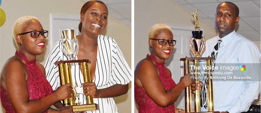 Image: (L-R) Manda Simon – SLVBI Marketing Officer presenting Nyoka Sandy Nugent (Le Club) and Kendall Charlery (Jet Setters) with the BOSL Guy Brown National League championship trophy. (PHOTO: Anthony De Beauville)