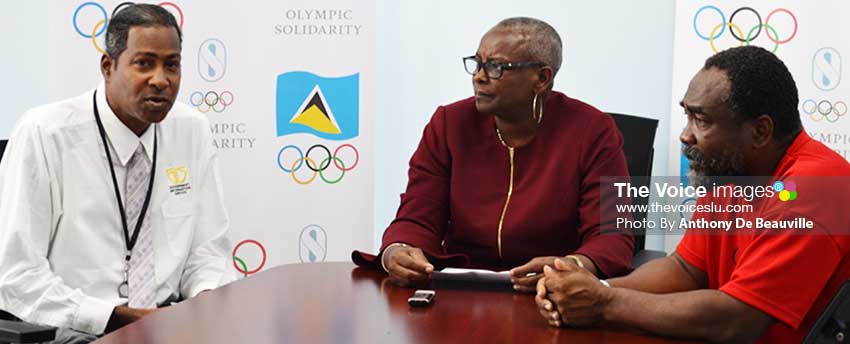 Image: (L-R) Planning ahead for Olympic Week 2019: Ryan O’Brian – SLOC Media Liaison Officer; Fortuna Belrose – SLOC President and Alfred Emmanuel – SLOC General Secretary. (PHOTO: Anthony De Beauville)