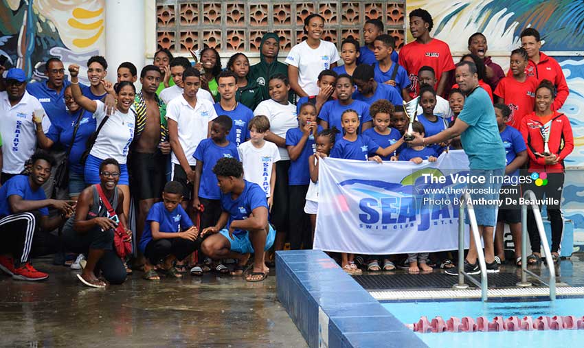 Image: One big celebration for Seajays three peat with 2nd place team Sharks and 3rd place team Lightning Aquatics. (PHOTO: Anthony De Beauville) 