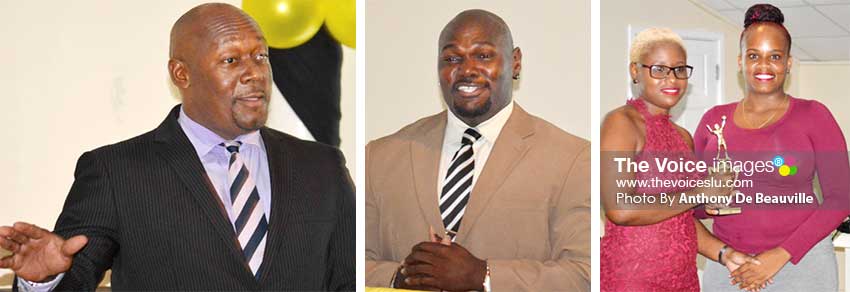 Image: (L-R) Shayne Felicien – President, Saint Lucia Volleyball Inc; Kervin Jean – Feature speaker; Manda Simon – SLVBI Marketing Officer presenting senior Beach Volleyball player at the CAC Games in Columbia Kerin Neptune with her award. (PHOTO: Anthony De Beauville)