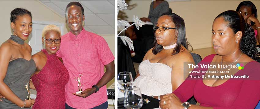 Image: (L-R)Tenayestlgni Joseph (junior female); Manda Simon - SLVBI Marketing Officer (presenter) and Levi Leonce (junior male) Volleyball Player for the Year 2018; A section of the audience at the awards. (PHOTO: Anthony De Beauville)