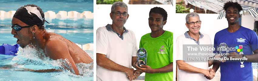 Image: (L-R) New national record holder in the Boys 15 and Over 200 meters breaststroke TerrelMonplaisir; Dr.Beaubrun presenting Karen Beaubrun awards to Gelanie Augier (Lightning Aquatics) and Omar Alexander (Seajays). (PHOTO: Anthony De Beauville) 