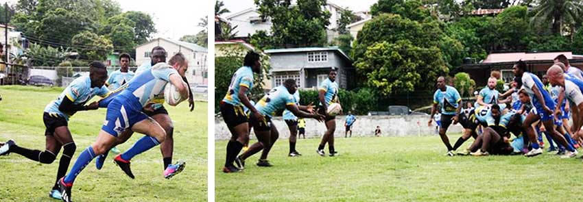 Image: Saint Lucia’s Yohan Henry tries to stop Diamante’s Julien Estaques from scoring; Elvin Joseph catching the ball to launch an attack. (PHOTO: SLRFU)