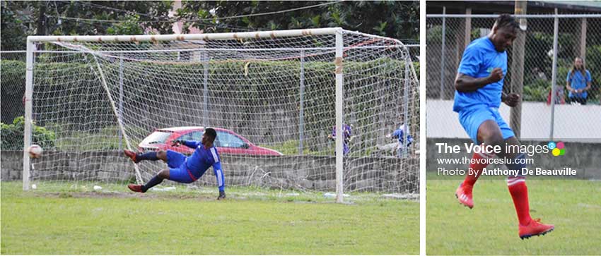 Image: Canaries go one up as Micoud goalkeeper Noah Didier goes the wrong way; Steven Longville celebrate after putting Canaries ahead via the penalty spot.(PHOTO: Anthony De Beauville)  