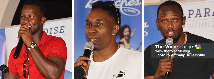 Image: (L-R) Three of the Caribbean’s leading sportsmen, Daren Sammy, Dwayne Bravo and Usain Bolt addressing aspiring future sports stars at the Sandals Grande. (PHOTO: Anthony De Beauville)