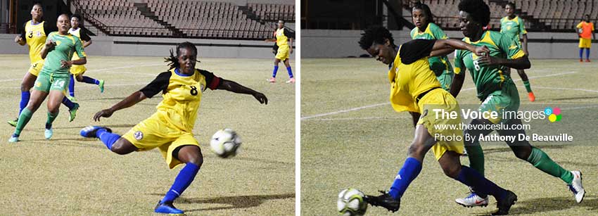 Image: (L-R) Saint Lucia’s captain Ellaisia Marquis clears the ball in the defence; Lyla Lionel Saint Lucia on the  attack versus Saint Vincent and the Grenadines.  PHOTO: Anthony De Beauville)