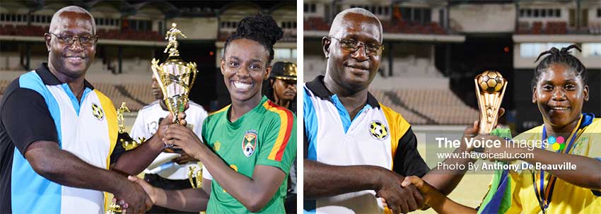 Image: (L-R) SLFA Vice President Southern Region, Emmanuel Bellase presenting the 3rd place prophy to the Grenada captain; and MVP and Best Goal Keeper of the Tournament to Atticia Benn of Saint Vincent and the Grenadines. (PHOTO: Anthony De Beauville)