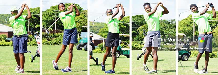Image: (L-R) Hitting out towards the 200 yards are Junior golfers Hope Auguste, Celina Lubin, Britany Mangal, Lisa Daniel and Kimani Thomas.(PHOTO: Anthony De Beauville)