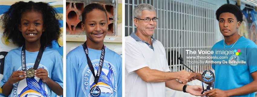 Image: (L-R) Isabel Anius, Maliyah Henry; Dr Christopher Beaubrun presenting Rashawn Francis with one of five Karen Beaubrun awards. (PHOTO: Anthony De Beauville) 