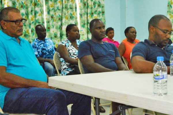 Image of Pig farmers at an intervention meeting held at the Vieux Fort Fisheries Complex last week. [PHOTO: Kingsley Emmanuel]